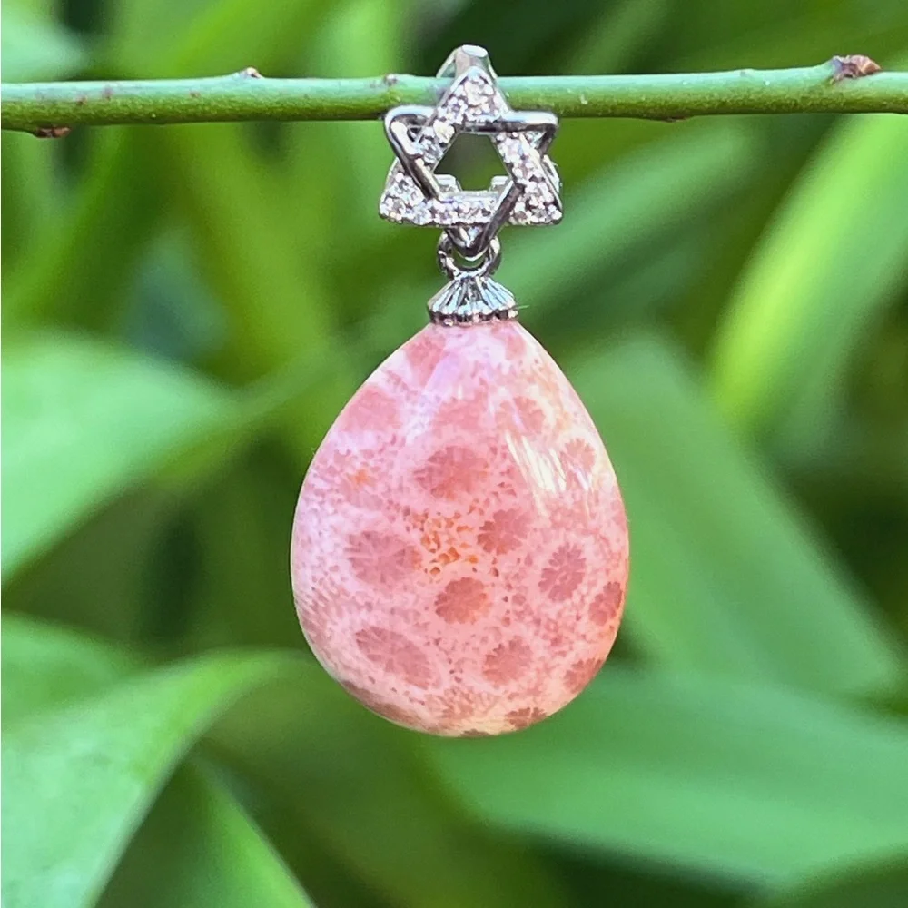 Pink‎ Teardrop Coral Jade Pendant with Silver Star Accent 1678